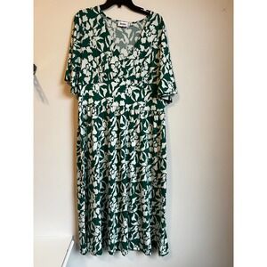 Leota Women's Green White Floral Print V-Neck Short Sleeve Maxi‎ Dress Size 1X